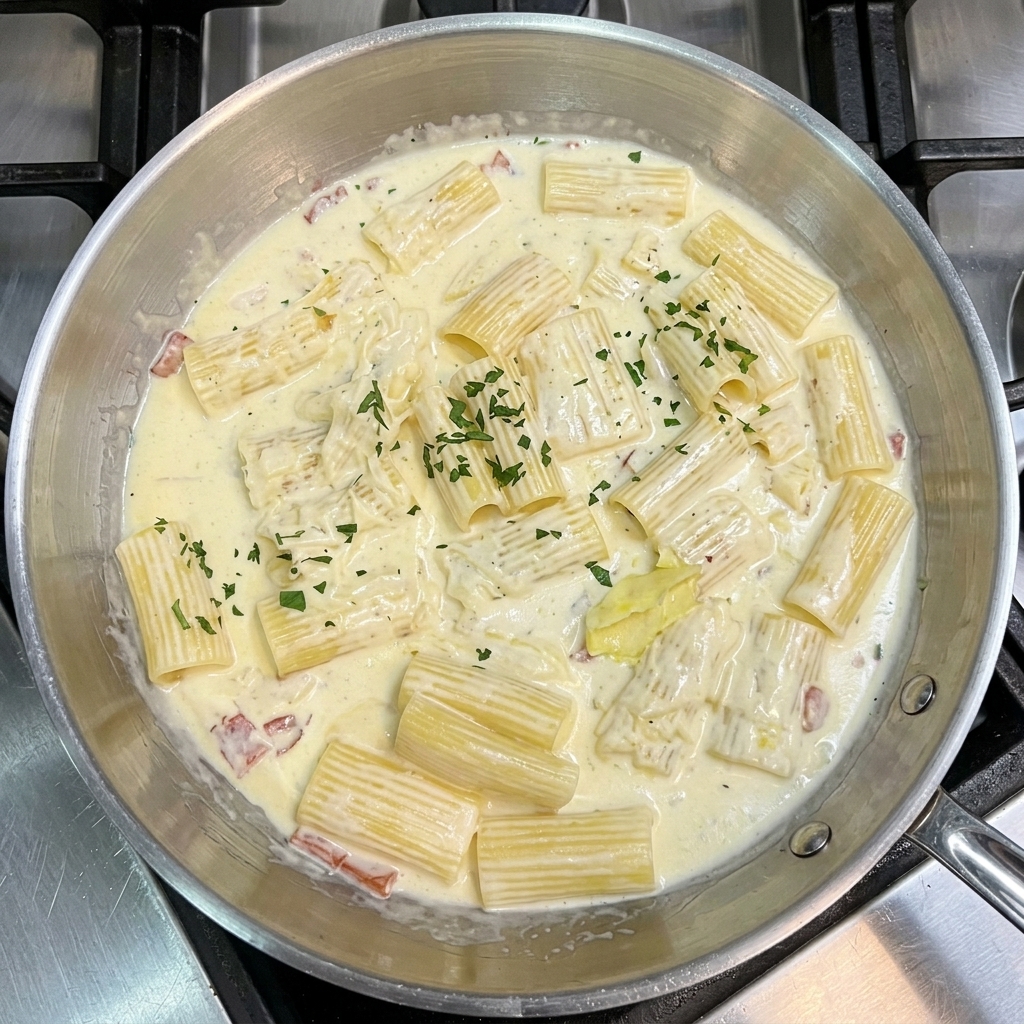 Rigatoni in Sahnesauce werden in der Pfanne mit frischer grüner Petersilie bestreut.