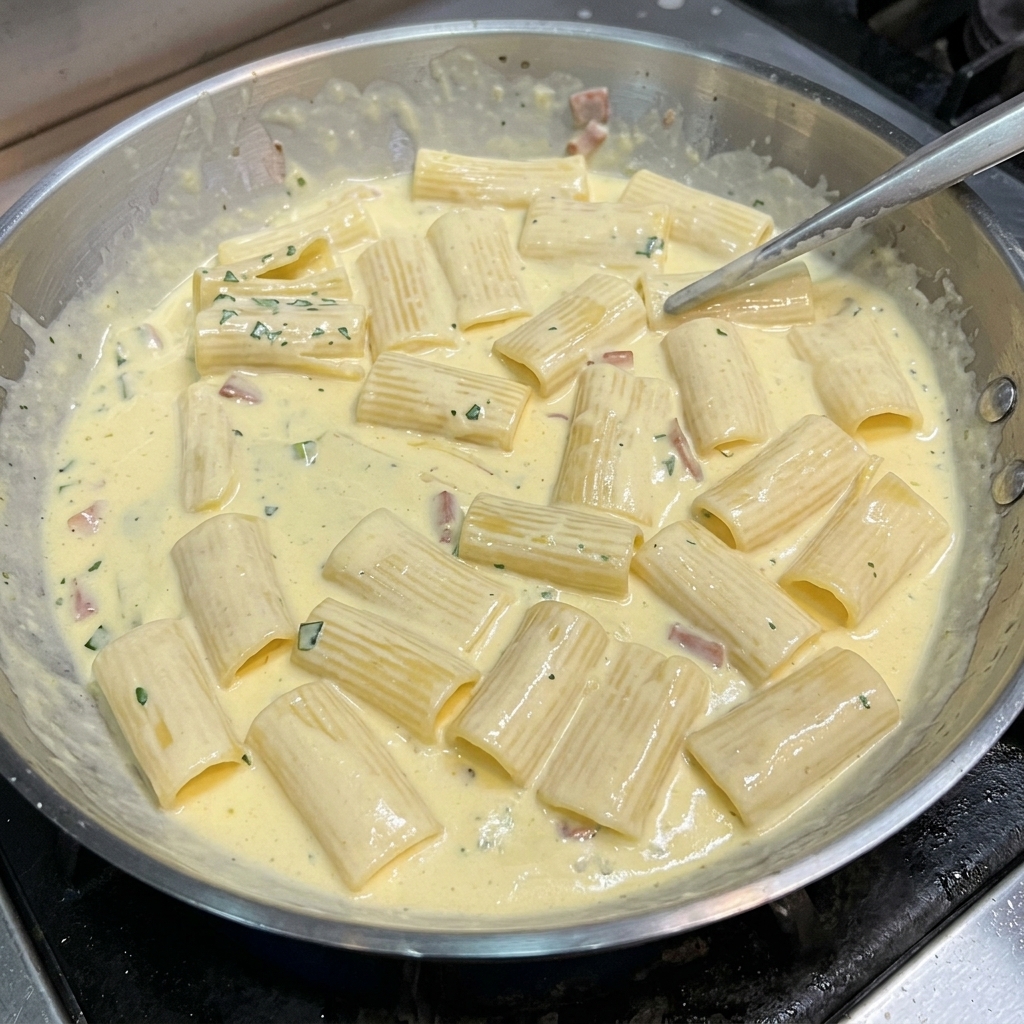 Cremige Rigatoni mit Speck und Petersilie, belegt mit Hähnchenbruststreifen.