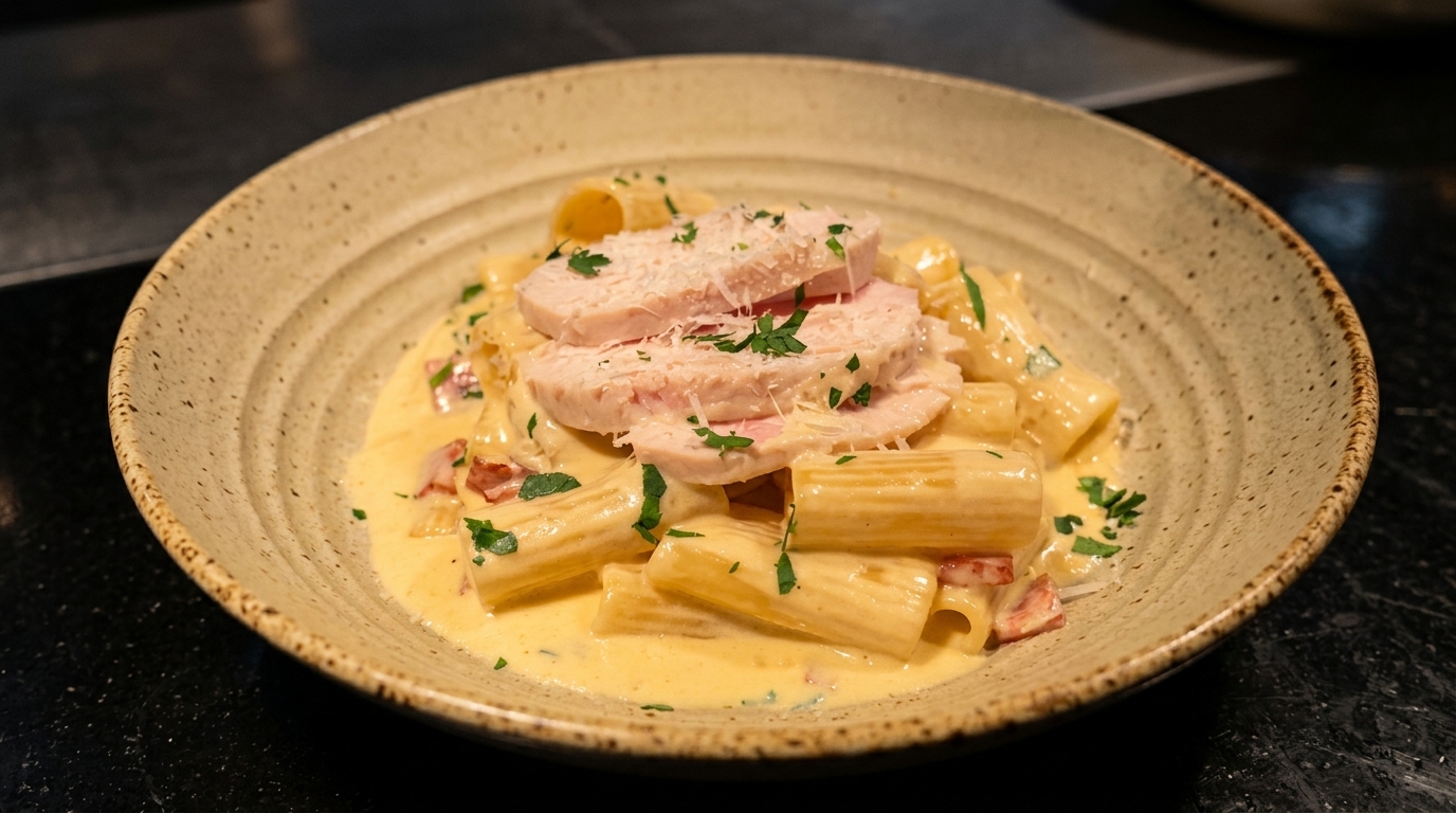 Cremige Rigatoni mit Speck und Hähnchenbrust