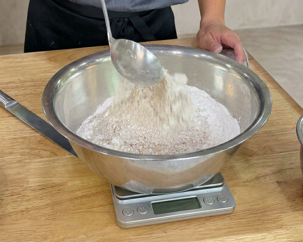 Eine Schöpfkelle gießt Vollkornmehl auf weißes Mehl in einer Edelstahlschüssel.
