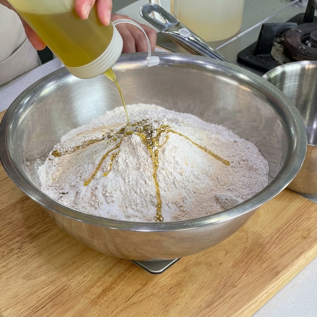 Goldenes Olivenöl wird über das Mehl in einer Rührschüssel gegossen.