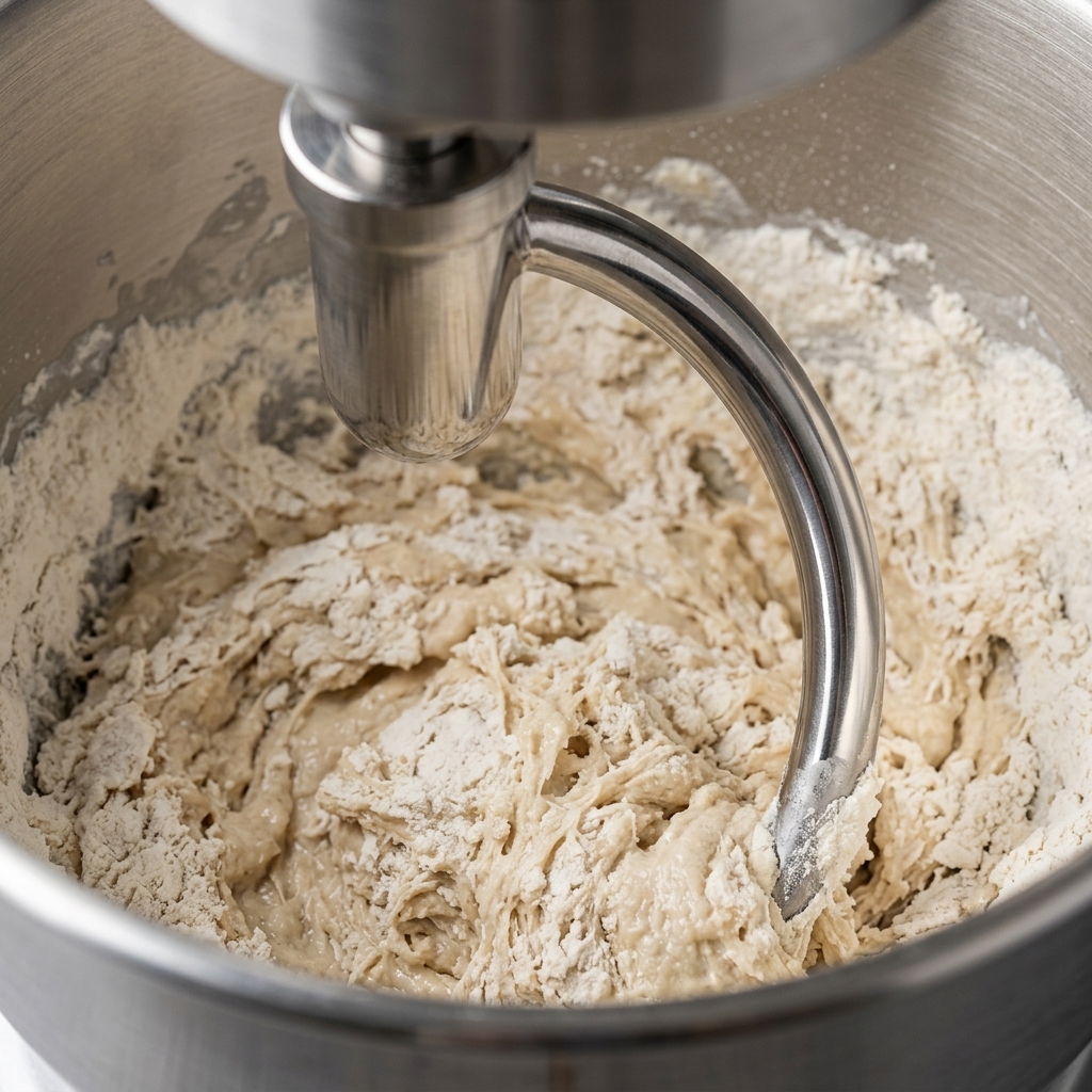 Eine Küchenmaschine mit Knethaken knetet den klebrigen Pizzateig.