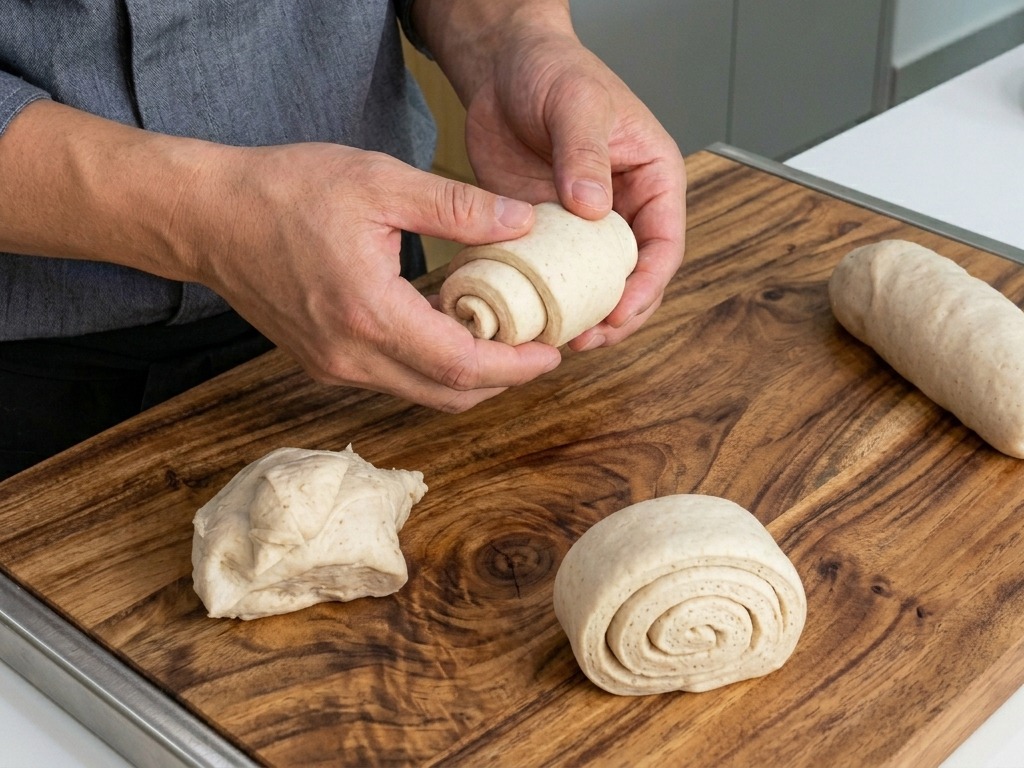 Hände rollen ein Teigstück zu einer glatten, runden Kugel.