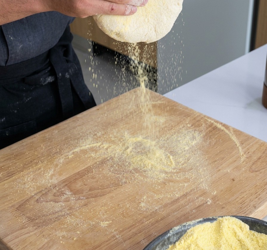 Der Pizzateig wird vertikal gehalten, sodass er sich durch das Eigengewicht dehnt.