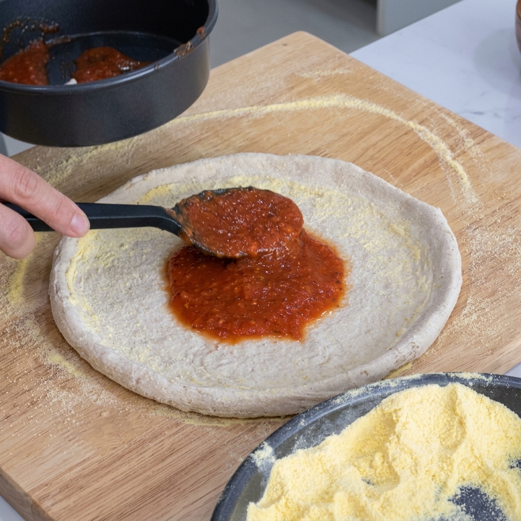Rote Pizzasauce wird mit einem Löffel auf dem Teig verteilt.