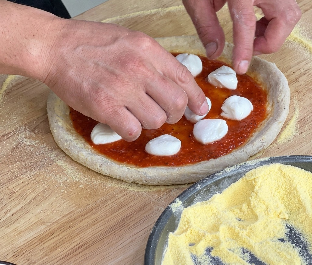 Stücke von frischem weißem Mozzarella werden auf der Pizza verteilt.