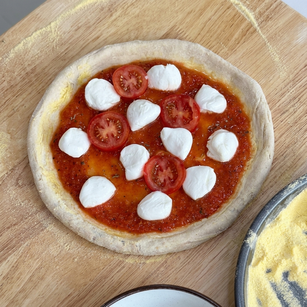 Ungebackene Pizza mit Sauce, Mozzarella und Kirschtomaten-Scheiben.