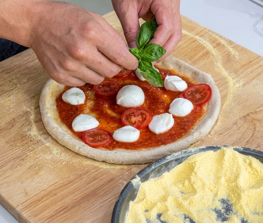 Hände legen frische Basilikumblätter auf die ungebackene Pizza Margherita.