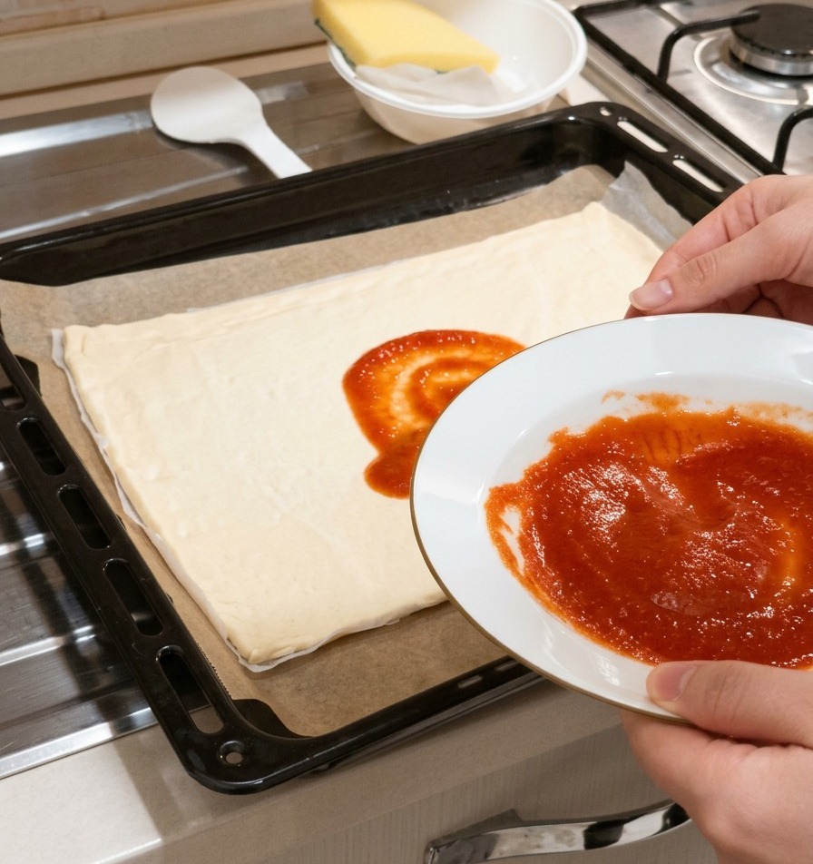 Eine Hand gießt mit einem Löffel rote Tomatensauce aus einem weißen Teller in die Mitte eines rohen Pizzateigs.