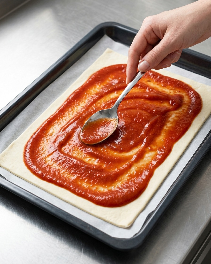 Ein Metalllöffel verteilt leuchtend rote Tomatensauce in einer gleichmäßigen Schicht auf dem Pizzateig.