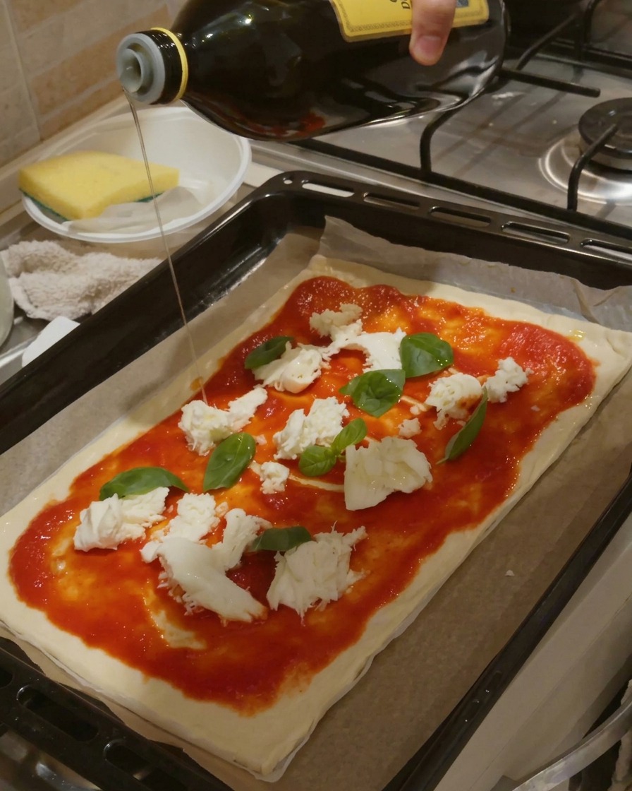 Eine Hand gießt Olivenöl aus einer dunkelgrünen Flasche über die vorbereitete Pizza auf dem Backblech.