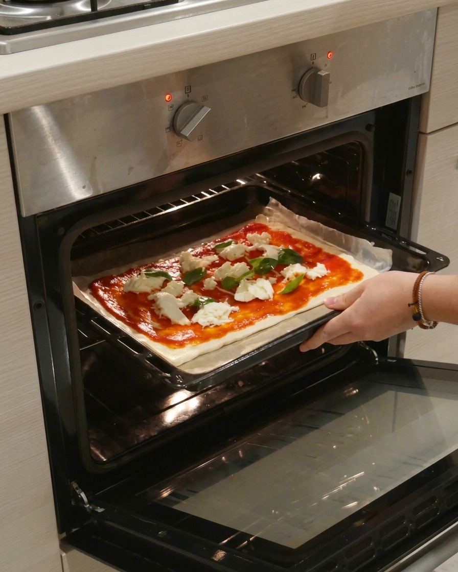 Hände schieben ein Backblech mit der vorbereiteten Pizza in den heißen Ofen.