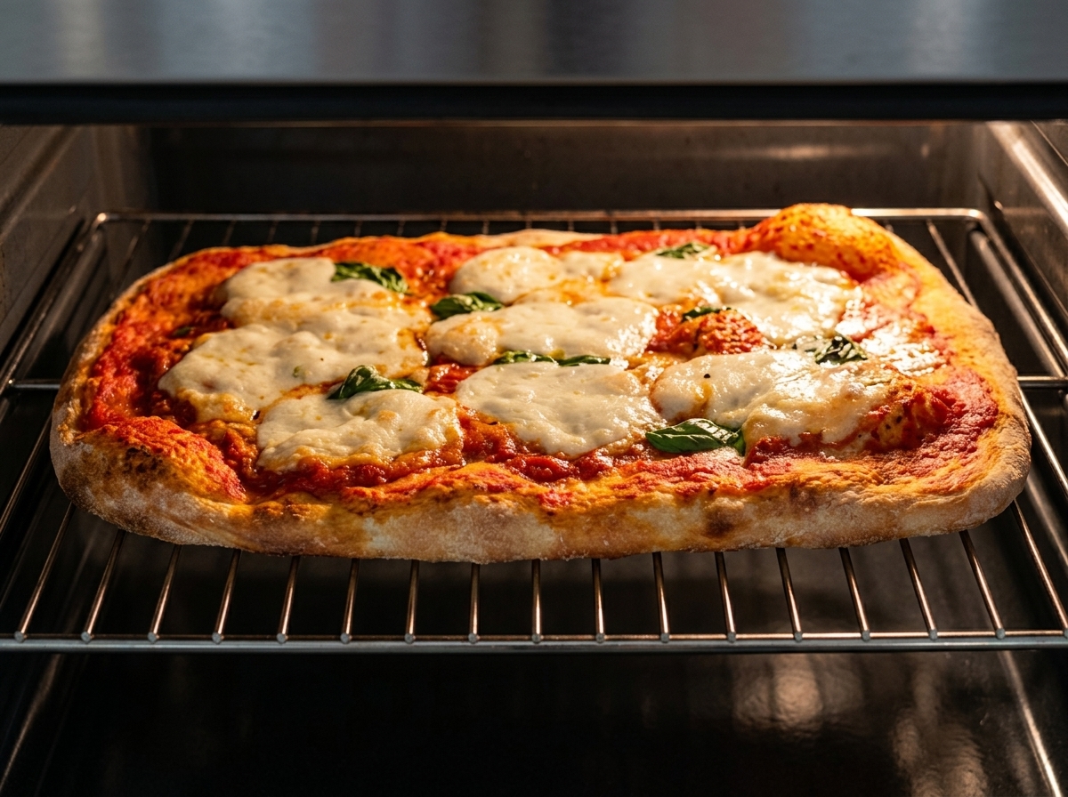 Pizza Margherita bäckt im Ofen mit blubberndem Käse und Tomatensauce auf einem goldenen Boden.