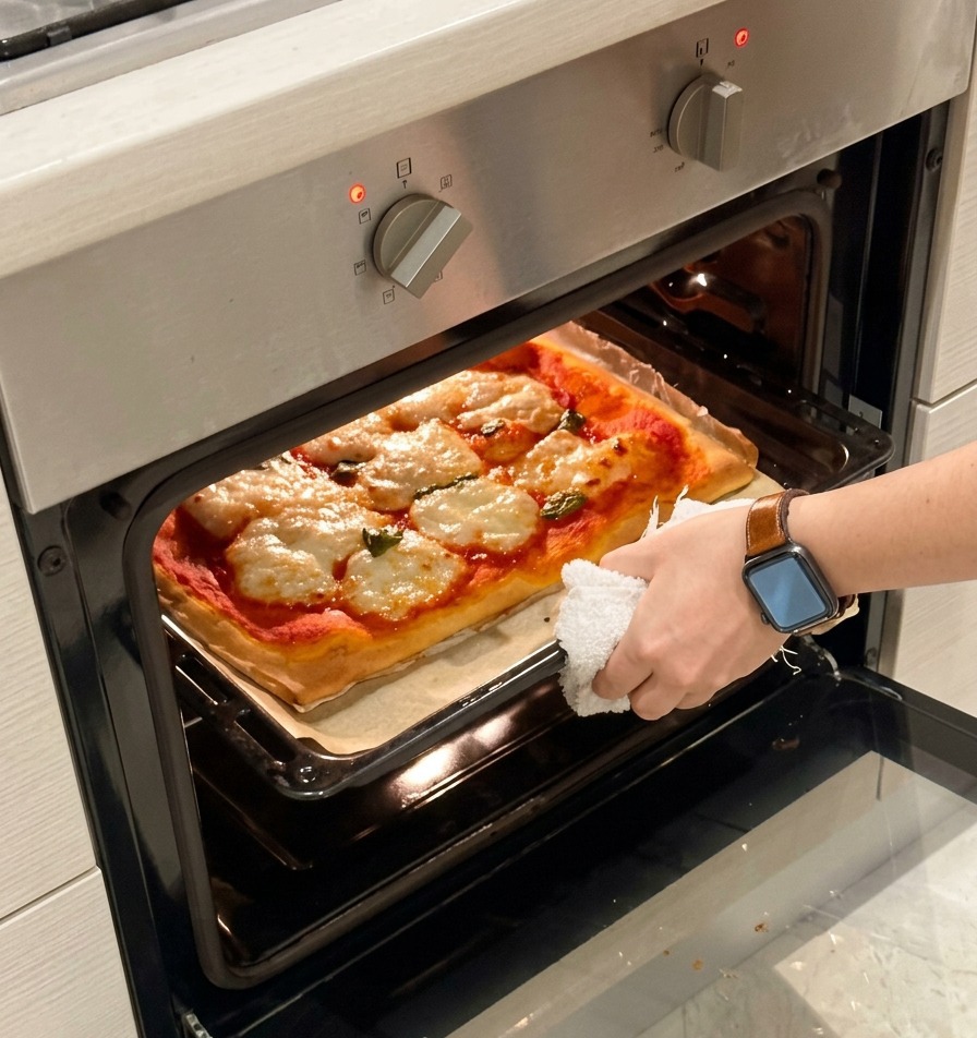 Hände ziehen mit einem weißen Tuch eine frisch gebackene Pizza Margherita aus dem heißen Ofen.