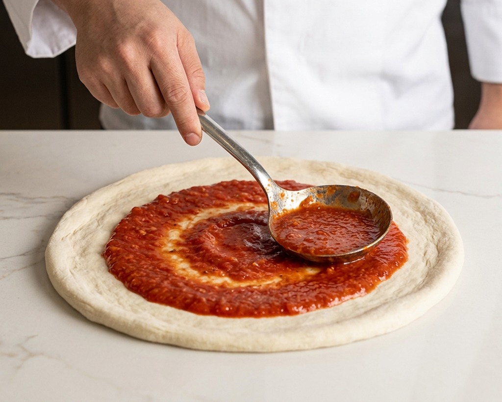 Ein Koch verteilt mit einer Schöpfkelle rote Tomatensauce kreisförmig auf dem rohen Pizzateig.