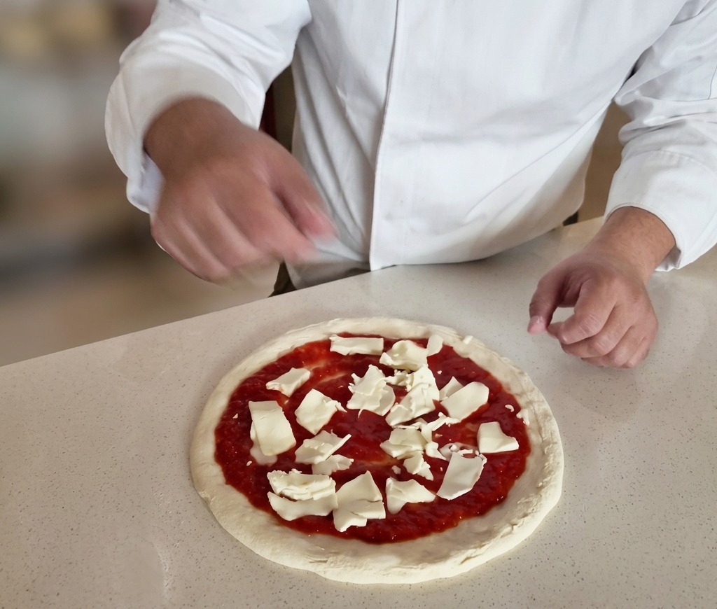 Stücke von frischem weißem Mozzarella werden auf dem mit Tomatensauce bestrichenen Pizzateig verteilt.