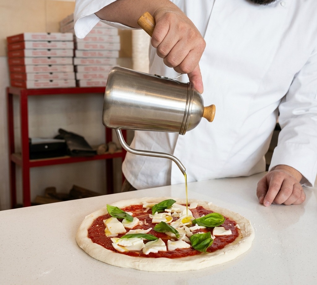 Ein Koch träufelt Olivenöl über eine unbelegte Pizza mit Tomatensauce, Mozzarella und Basilikum.