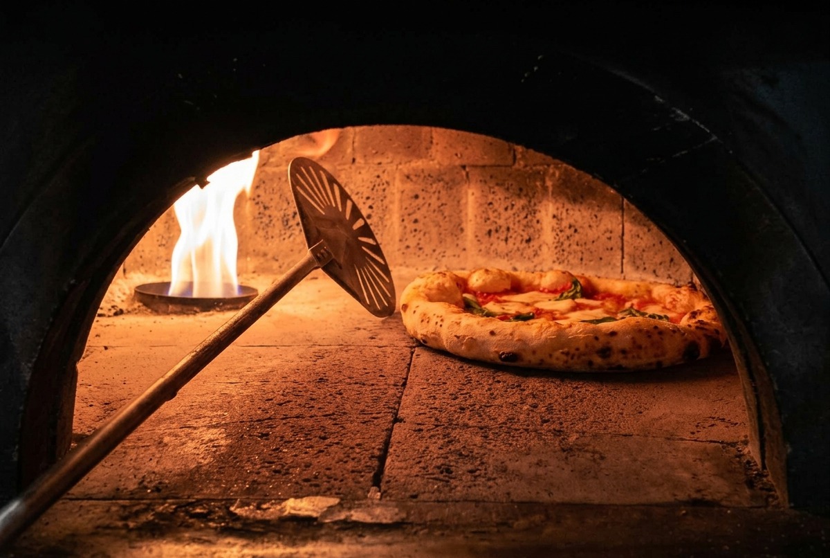 Eine Pizza Margherita backt im Steinofen, während der Rand Blasen wirft und neben der Flamme leicht verkohlt.