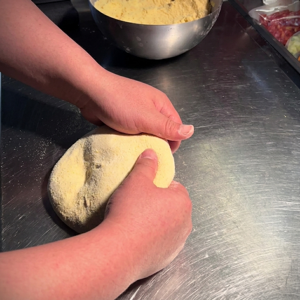 Hände falten eine Teigkugel auf einer bemehlten Edelstahloberfläche.
