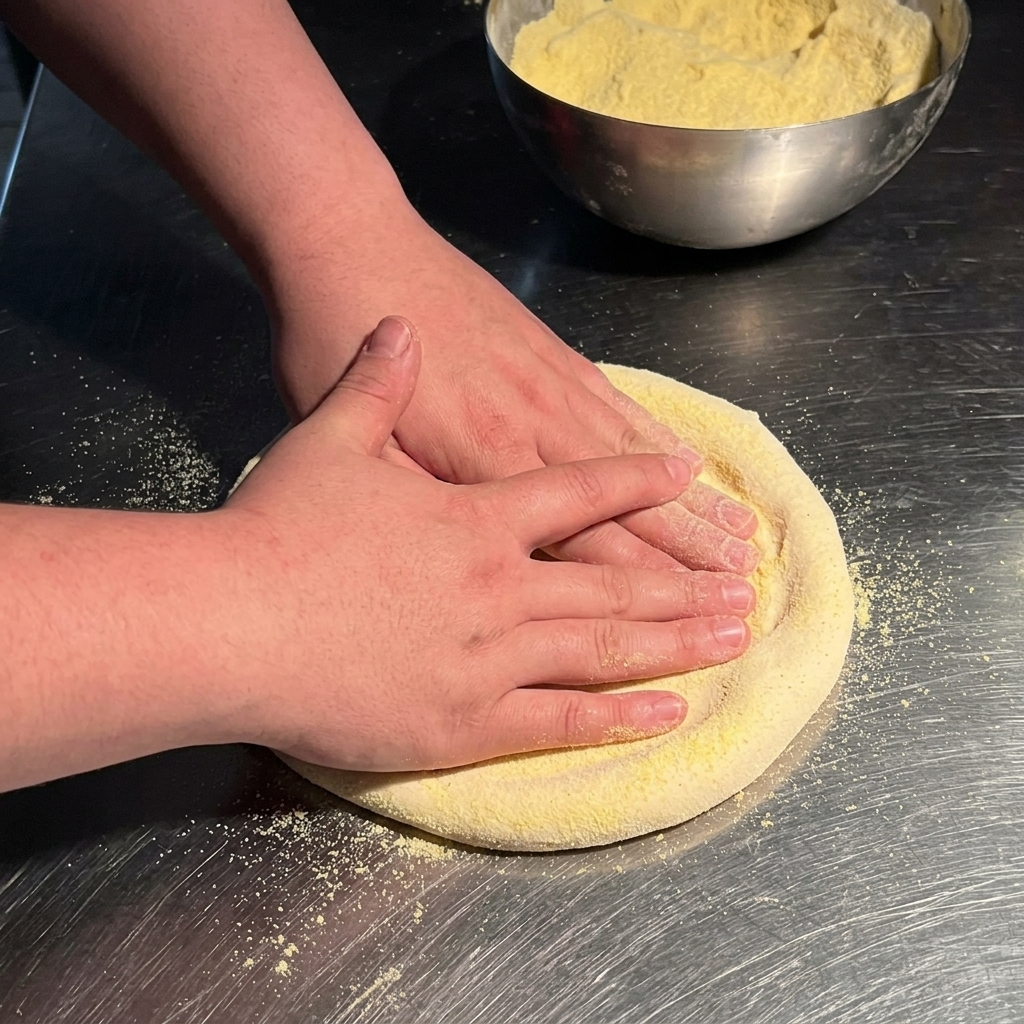 Beide Hände drücken den runden Pizzateig auf einer bemehlten Metalloberfläche flach.