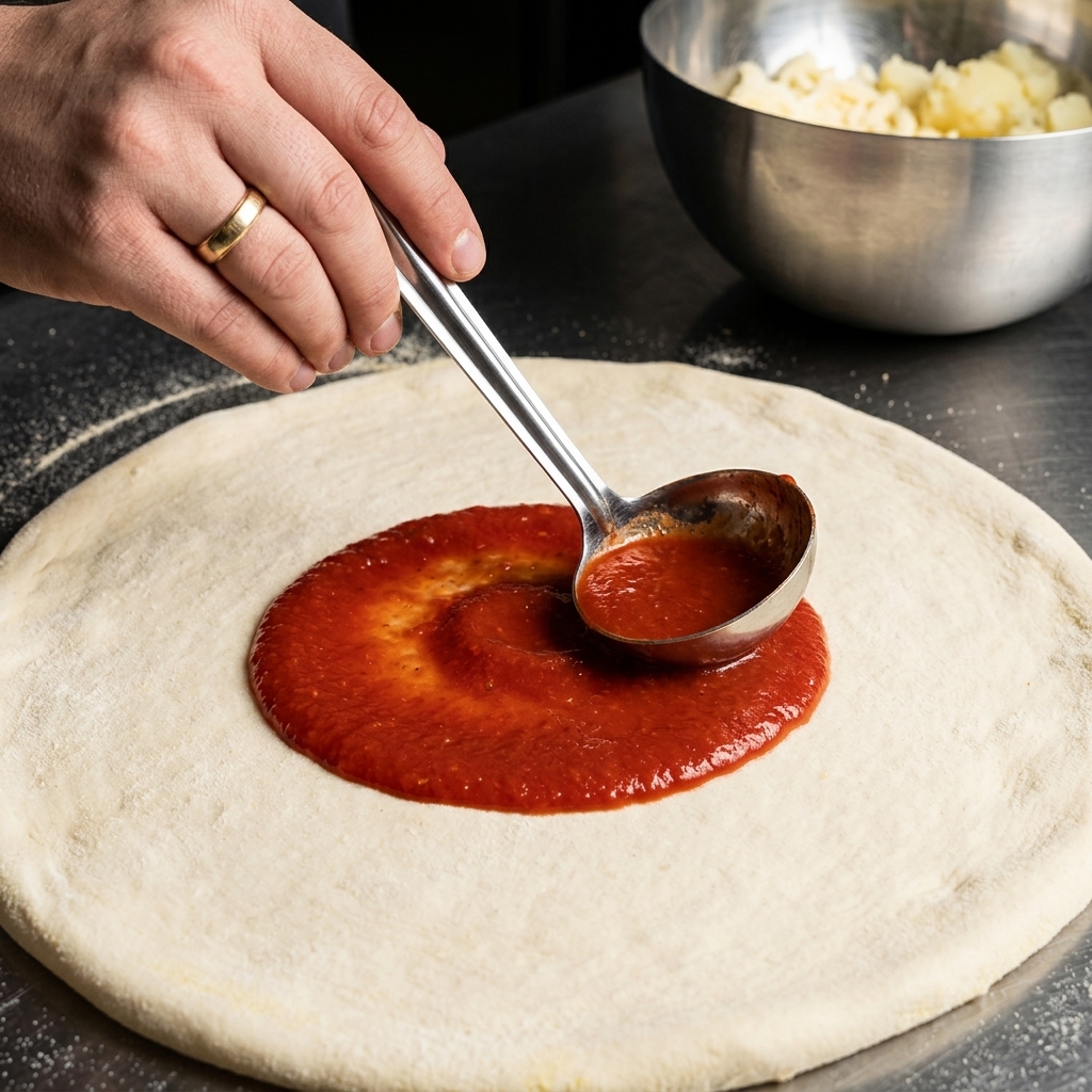 Eine Metallkelle gießt rote Tomatensauce in die Mitte des Pizzabodens.