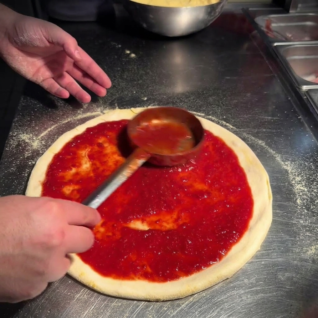 Die Unterseite einer Kelle verteilt die Tomatensauce in kreisenden Bewegungen auf dem Teig.
