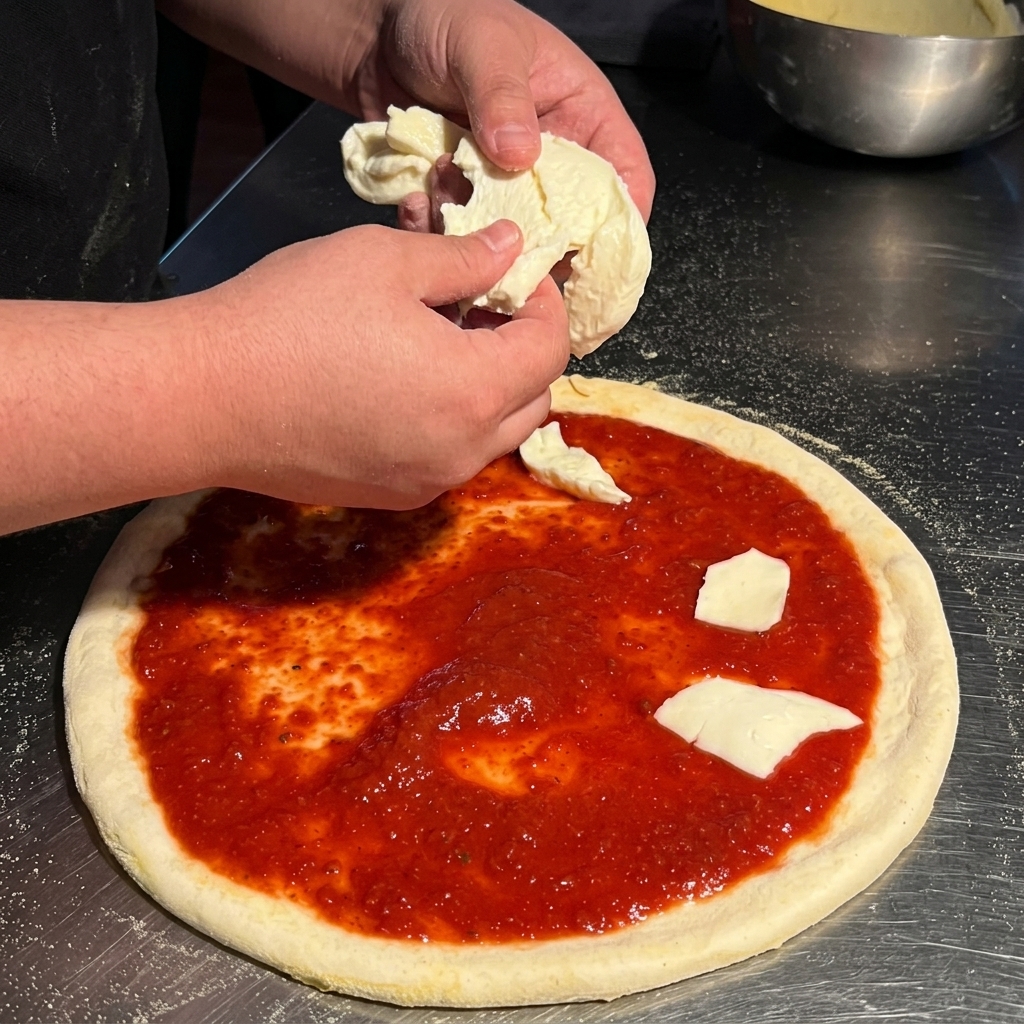 Hände zupfen Stücke von weißem Mozzarella über die mit Sauce bedeckte Pizza.