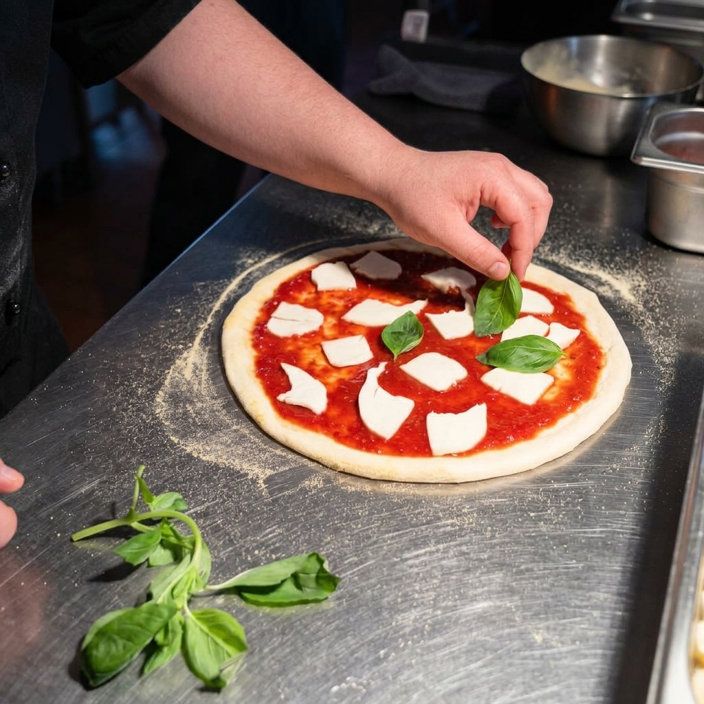 Eine Hand legt frische Basilikumblätter auf die vorbereitete Pizza.