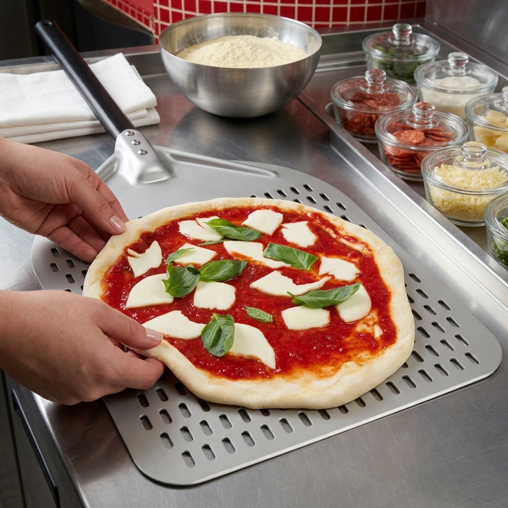 Hände ziehen den Rand einer rohen Pizza Margherita auf einem Pizzaschieber glatt.