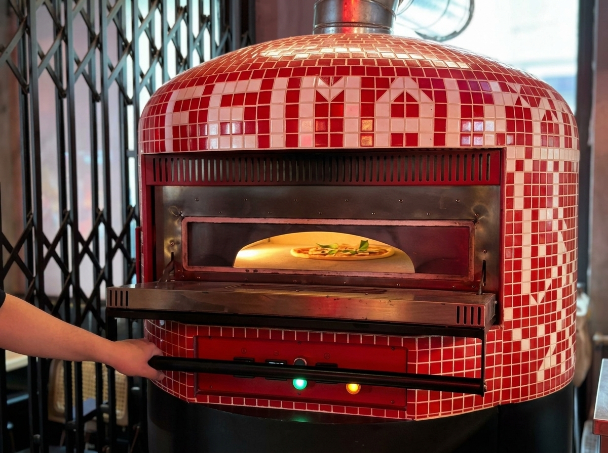 Eine rohe Pizza Margherita liegt in einem heißen, rot gefliesten Steinofen.