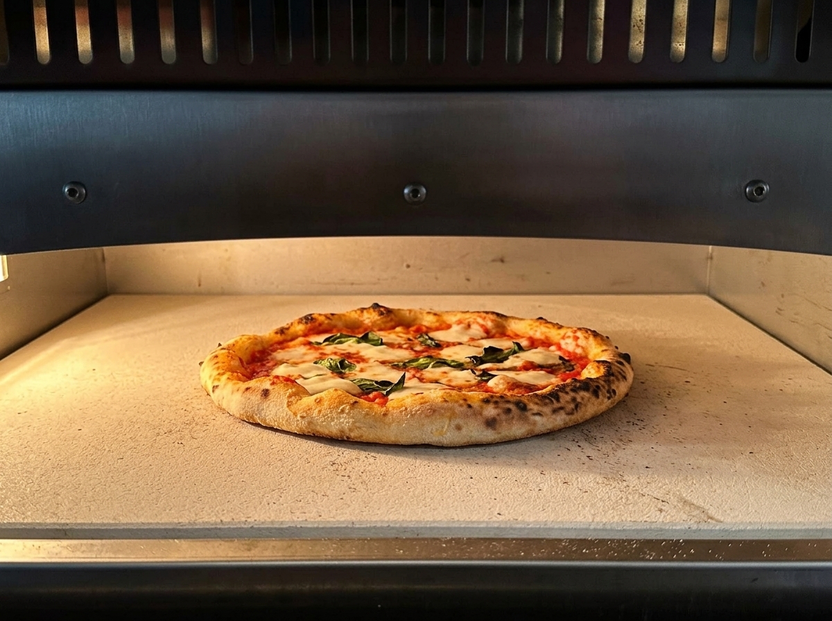 Eine Pizza Margherita bäckt im Ofen, der Rand geht auf und wird braun.