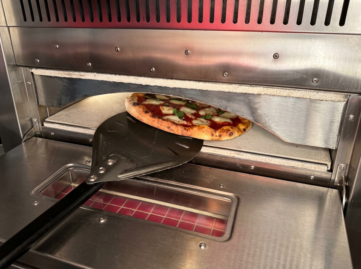Eine fertig gebackene Pizza mit Brandblasen am Rand wird mit einem Schieber aus dem Ofen geholt.
