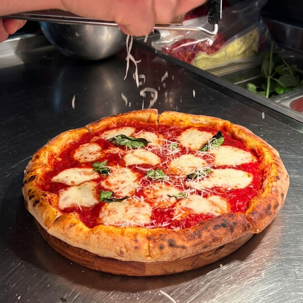 Eine Person reibt frischen Parmesan über die geschnittene Pizza auf einem Holzbrett.