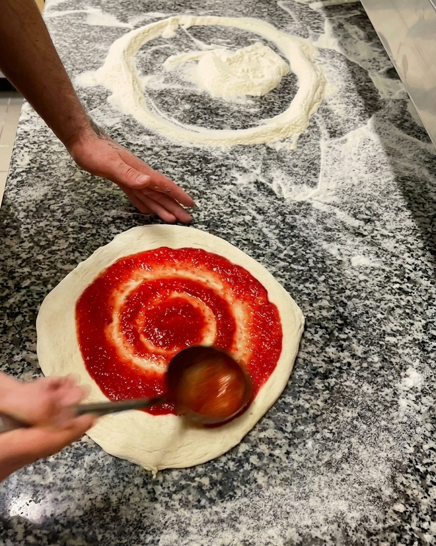 Eine Person verteilt mit einer Kelle leuchtend rote Tomatensauce kreisförmig auf dem rohen Pizzateig.