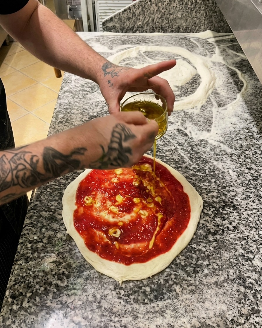 Goldenes Knoblauchöl wird aus einer kleinen Glasschale über die mit Tomatensauce belegte Pizza gegossen.