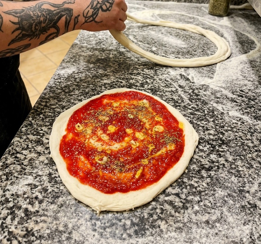Ein roher Pizzaboden mit Tomatensauce, Knoblauch und einer Prise getrocknetem Oregano auf einer Marmorplatte.