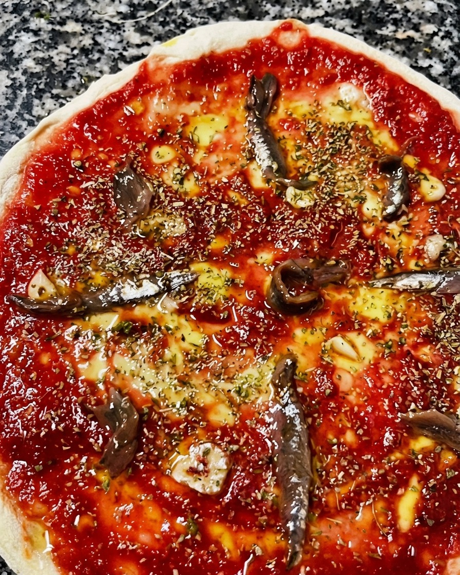Draufsicht auf einen rohen Pizzaboden mit Tomaten, Öl, Oregano, Knoblauch und verteilten Sardellenfilets.