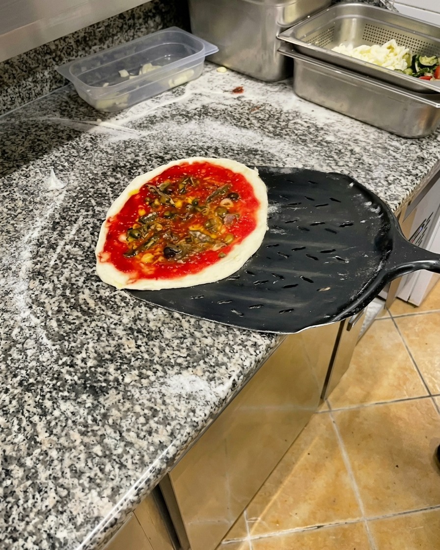 Ungebackene neapolitanische Pizza mit Belag auf einem schwarzen metallenen Pizzaschieber.