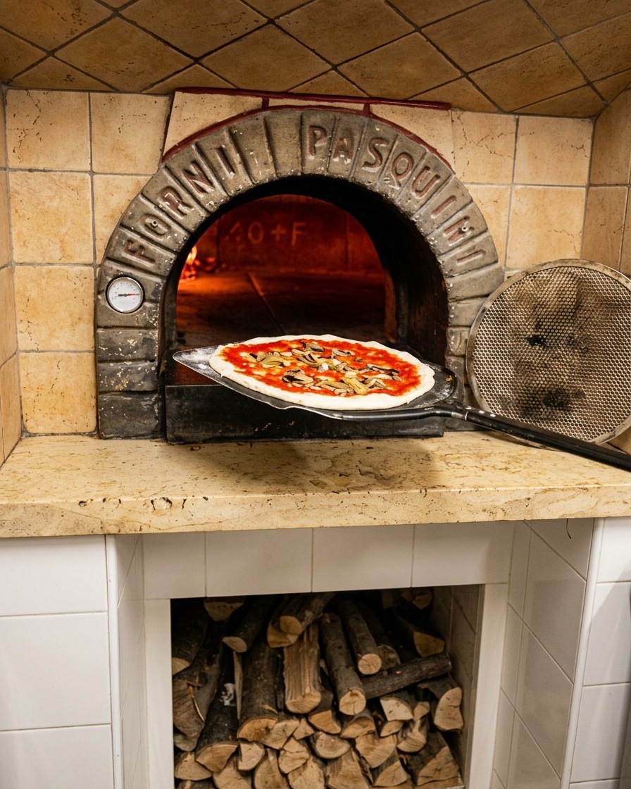 Eine Pizza wird von einem Metallschieber direkt in einen glühend heißen Holzofen geschoben.