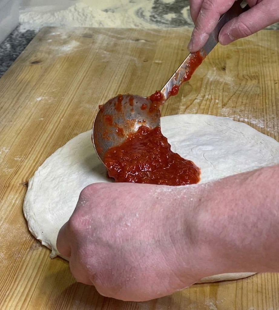 Rotes Tomatenpüree wird mit einem Löffel kreisförmig auf dem flachen Pizzateig verteilt.
