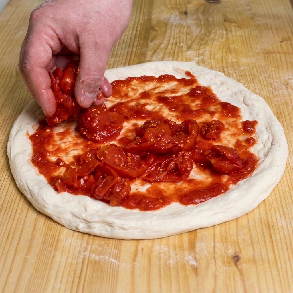 Eine Hand verteilt rustikale Stücke frischer Tomaten auf dem mit Sauce bestrichenen Teig.