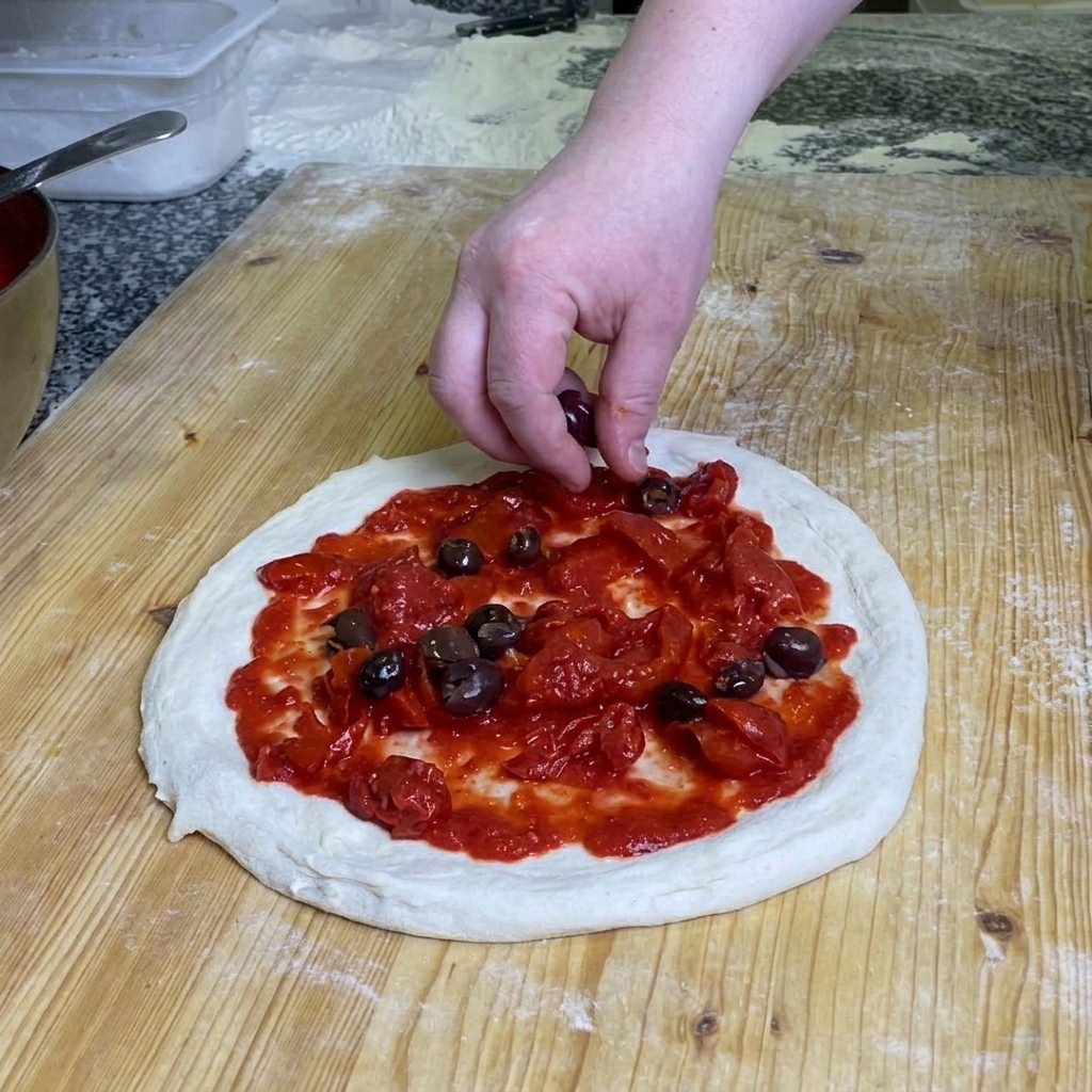 Schwarze Oliven werden gleichmäßig über die mit Tomaten belegte Pizza gestreut.