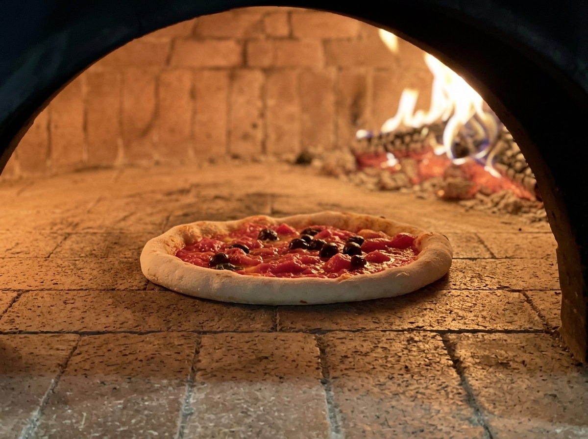 Eine neapolitanische Pizza backt direkt auf dem Steinboden eines heißen Holzofens bei lodernden Flammen.