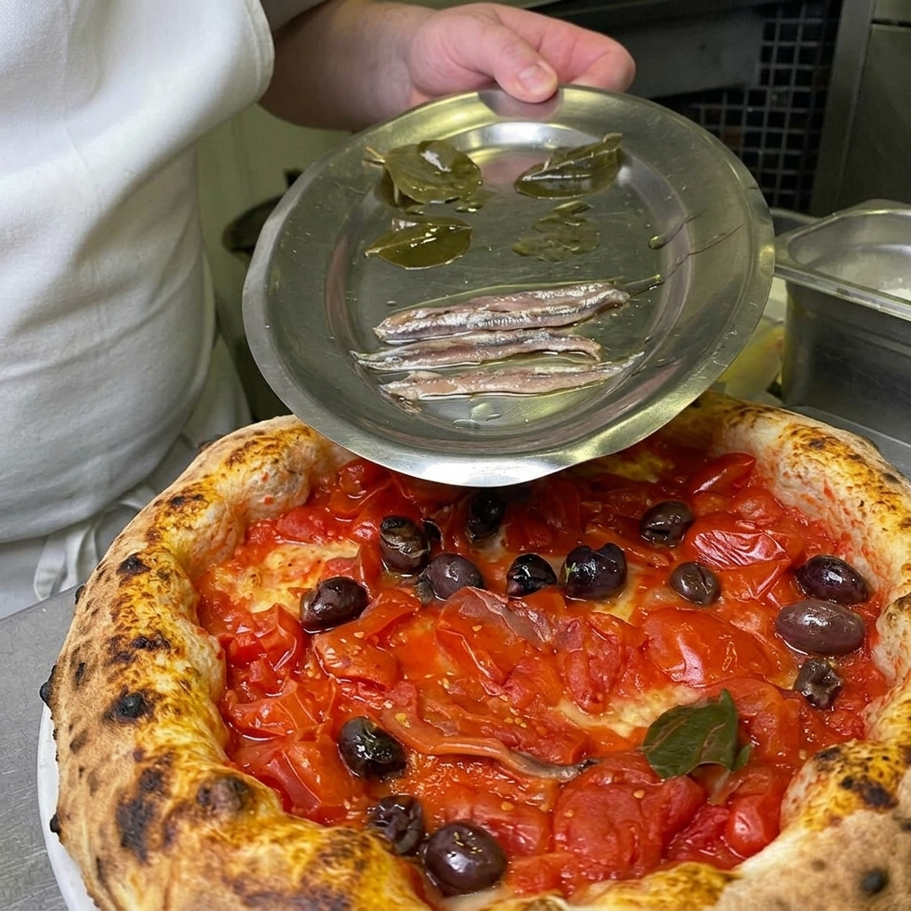 Ein Koch gibt marinierte grüne Kapernblätter auf die frisch gebackene heiße Pizza Marinara.
