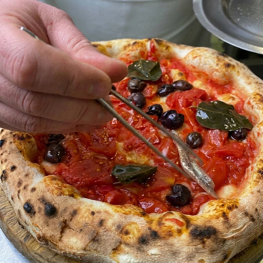 Sardellenfilets werden mit einer Pinzette auf der Pizza mit Tomaten und Oliven platziert.