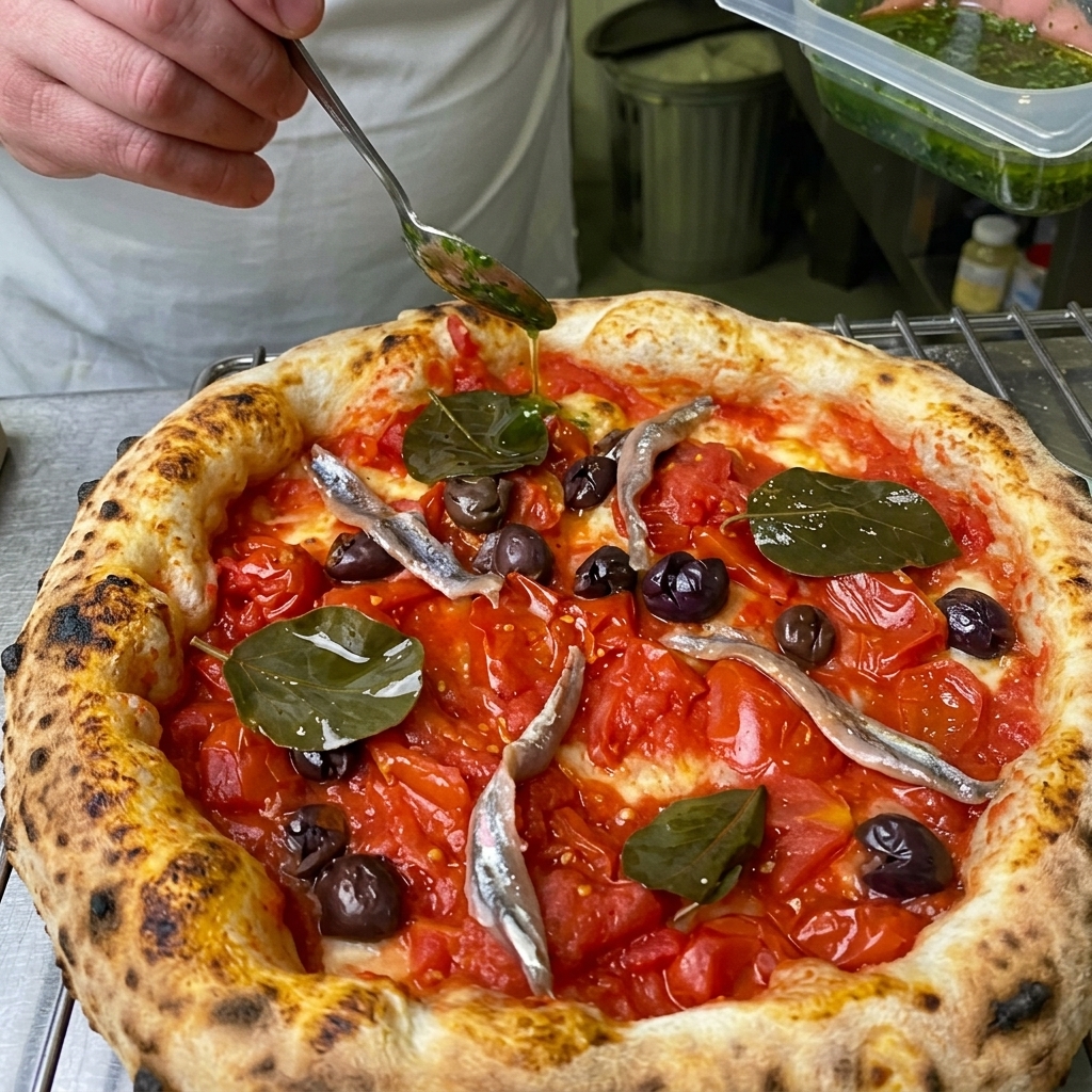 Eine leuchtend grüne Sauce wird über die Pizza mit Sardellen und Oliven geträufelt.