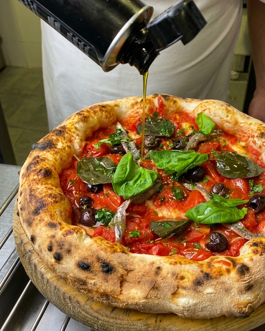 Ein Strahl goldenes Olivenöl wird über die fertig garnierte Pizza Marinara gegossen.