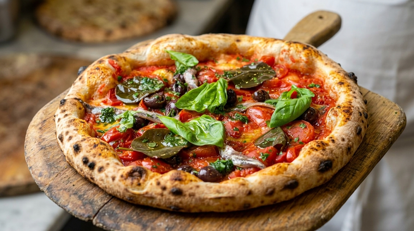 Authentische neapolitanische Pizza Marinara mit Sardellen
