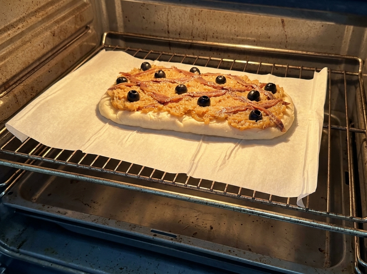 Die belegte Pissaladière backt auf Backpapier im heißen Ofen.