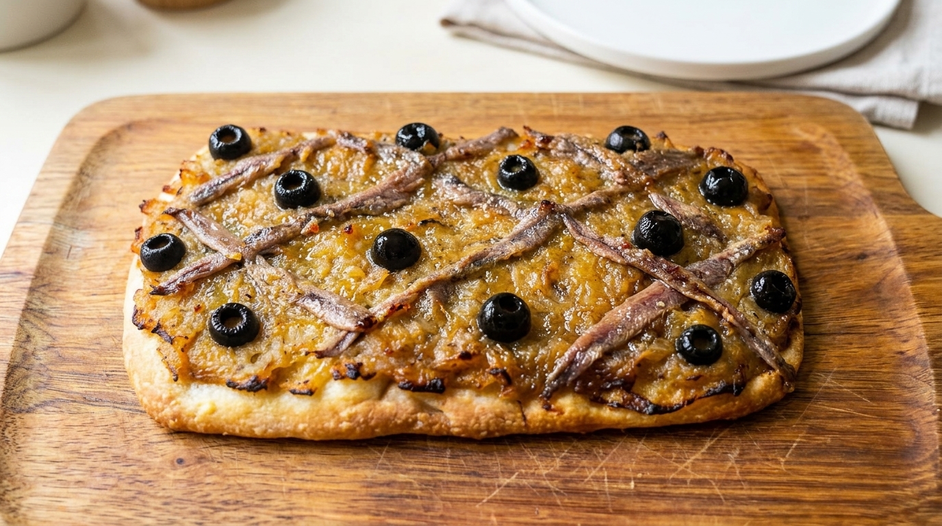 Authentische Pissaladière (Französischer Zwiebelkuchen mit Sardellen)